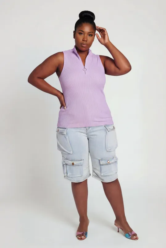 Plus Size Compression Rib Quarter Zip Sleeveless Top made by Rainbow