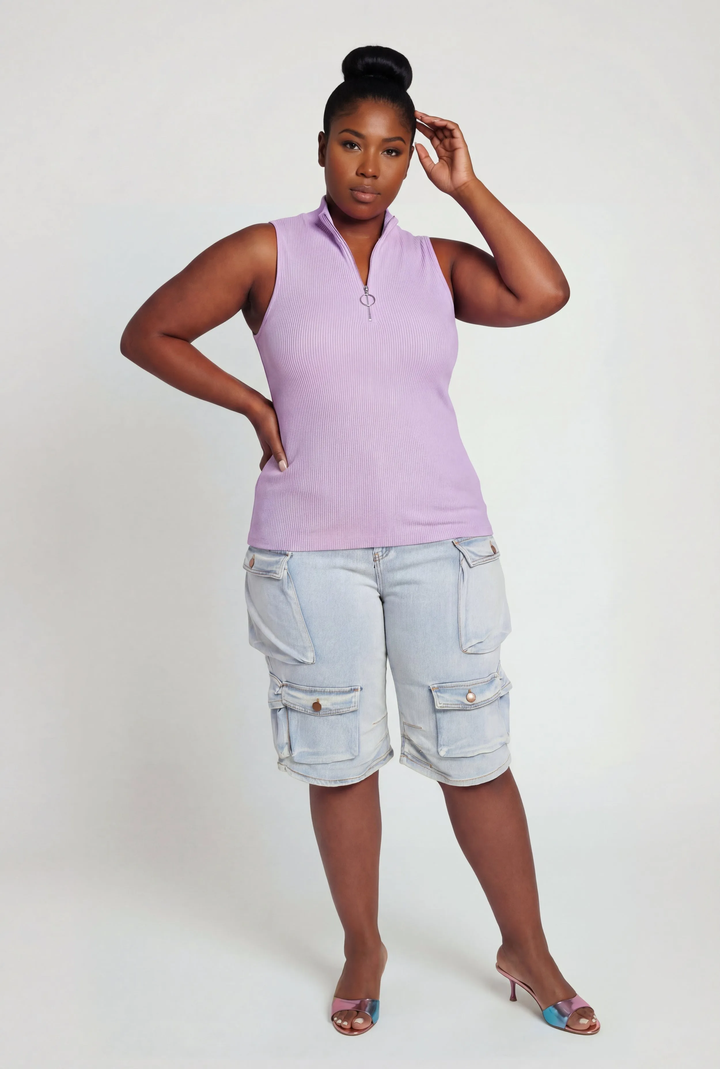 Plus Size Compression Rib Quarter Zip Sleeveless Top sold by Rainbow