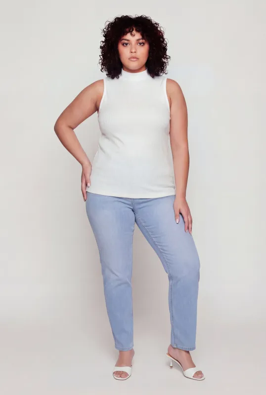 Plus Size Seamless Ribbed Knit Mock Neck Tank Top made by Rainbow