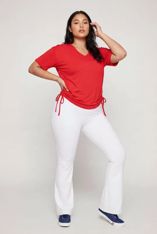 Plus Size V Neck Drawstring Side Ruched Tee made by Rainbow