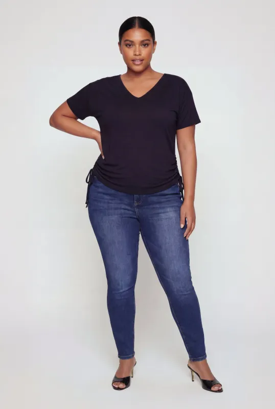 Plus Size V Neck Drawstring Side Ruched Tee made by Rainbow