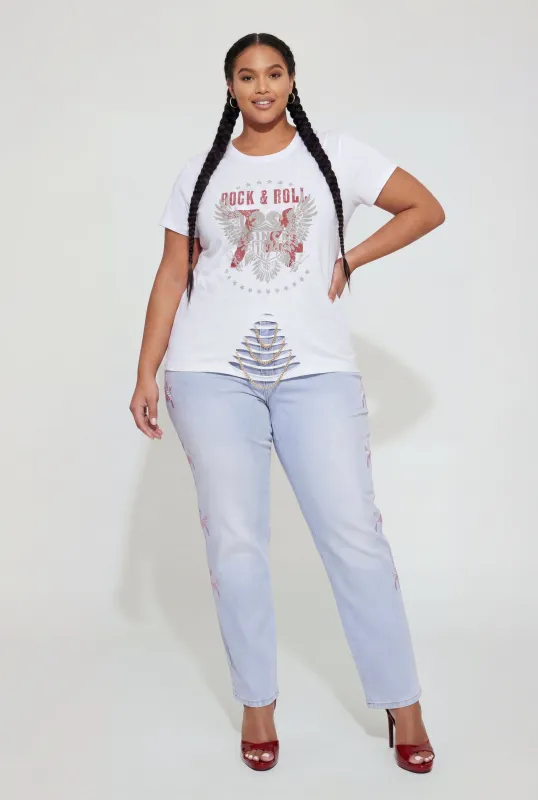 Plus Size Rock and Roll Graphic Laser Cut Chain Detail Tee made by Rainbow