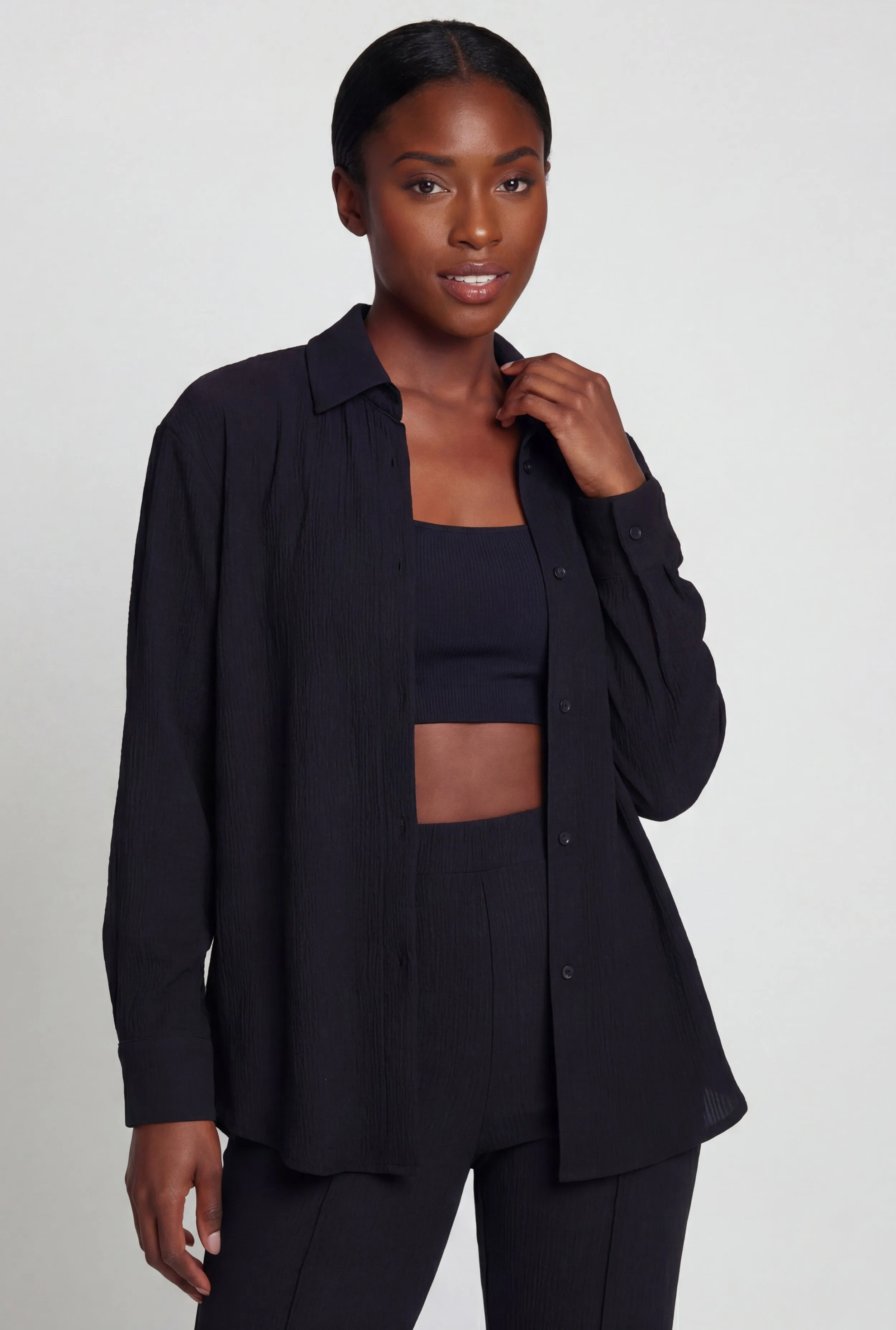 Solid Textured Knit Button Front Long Sleeve Shirt sold by Rainbow