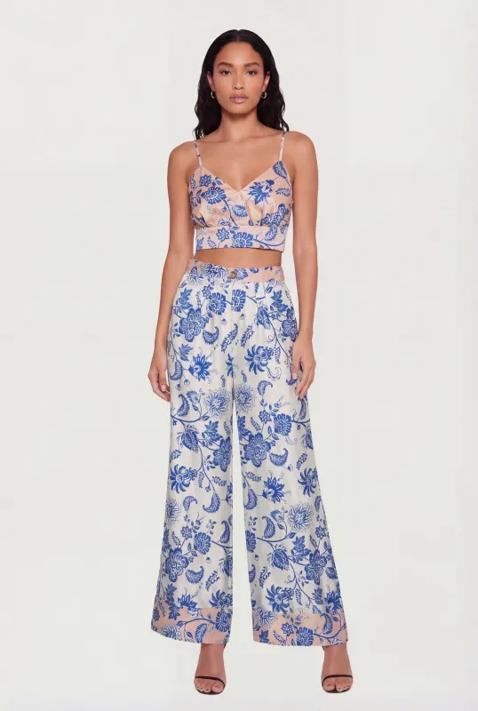 Satin Floral Print High Waist Wide Leg Pants made by Rainbow