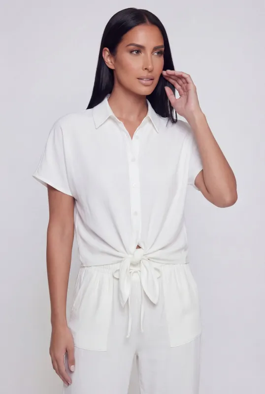 Crepe Knit Tie Front High Low Shirt made by Rainbow