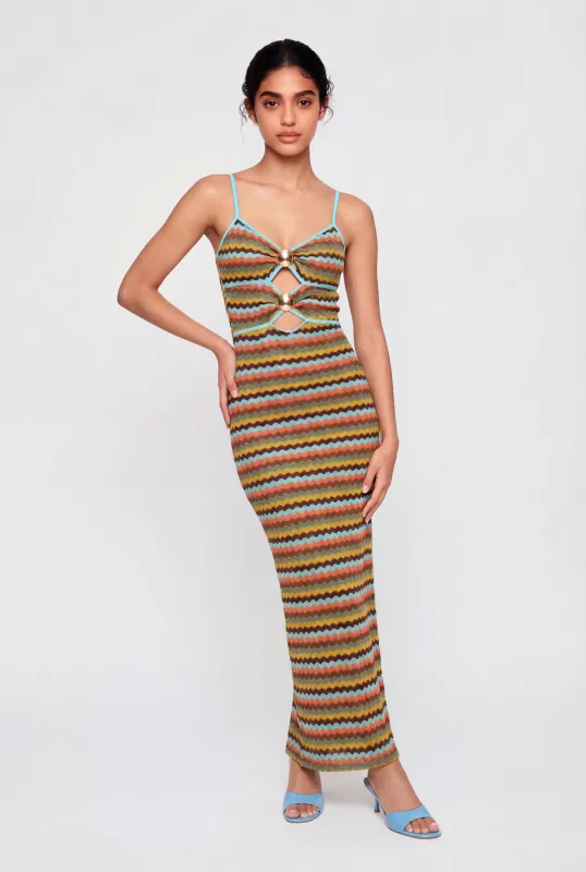 Chevron Print Metallic Pendant Keyhole Detail Maxi Dress made by Rainbow