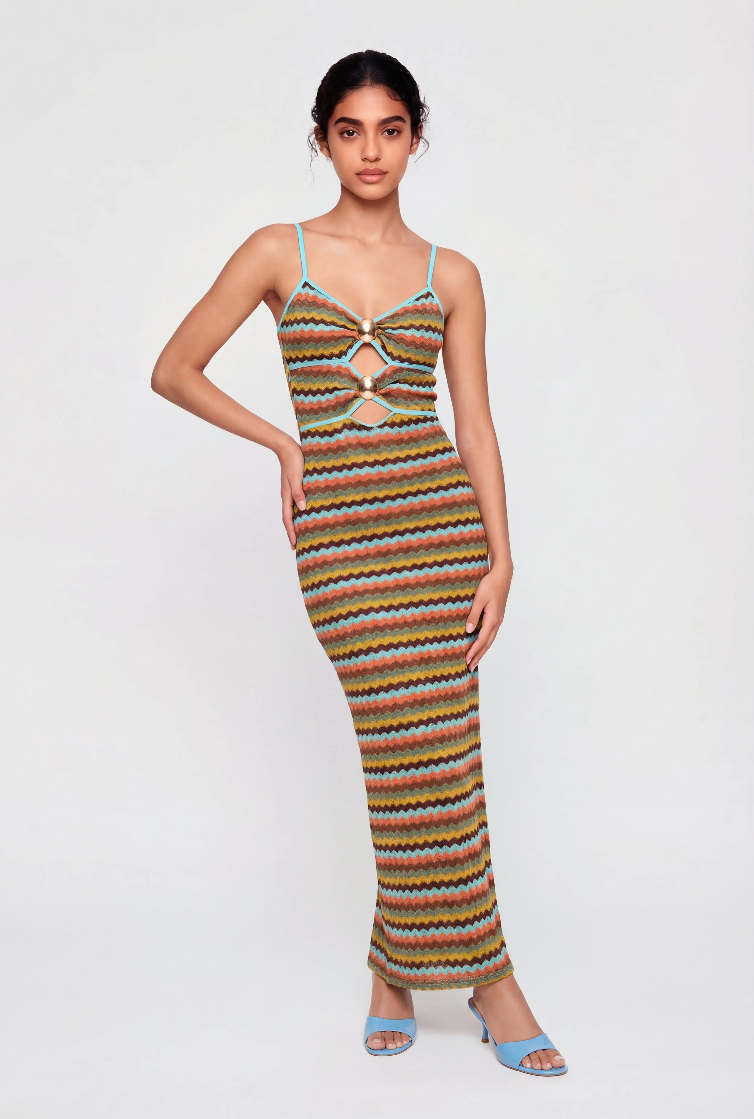 Chevron Print Metallic Pendant Keyhole Detail Maxi Dress sold by Rainbow