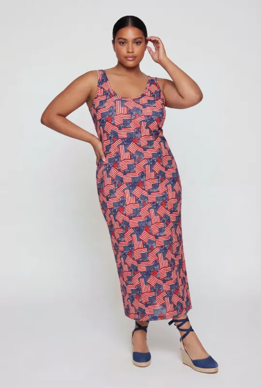 Plus Size American Flag All Over Print Tank Maxi Dress made by Rainbow