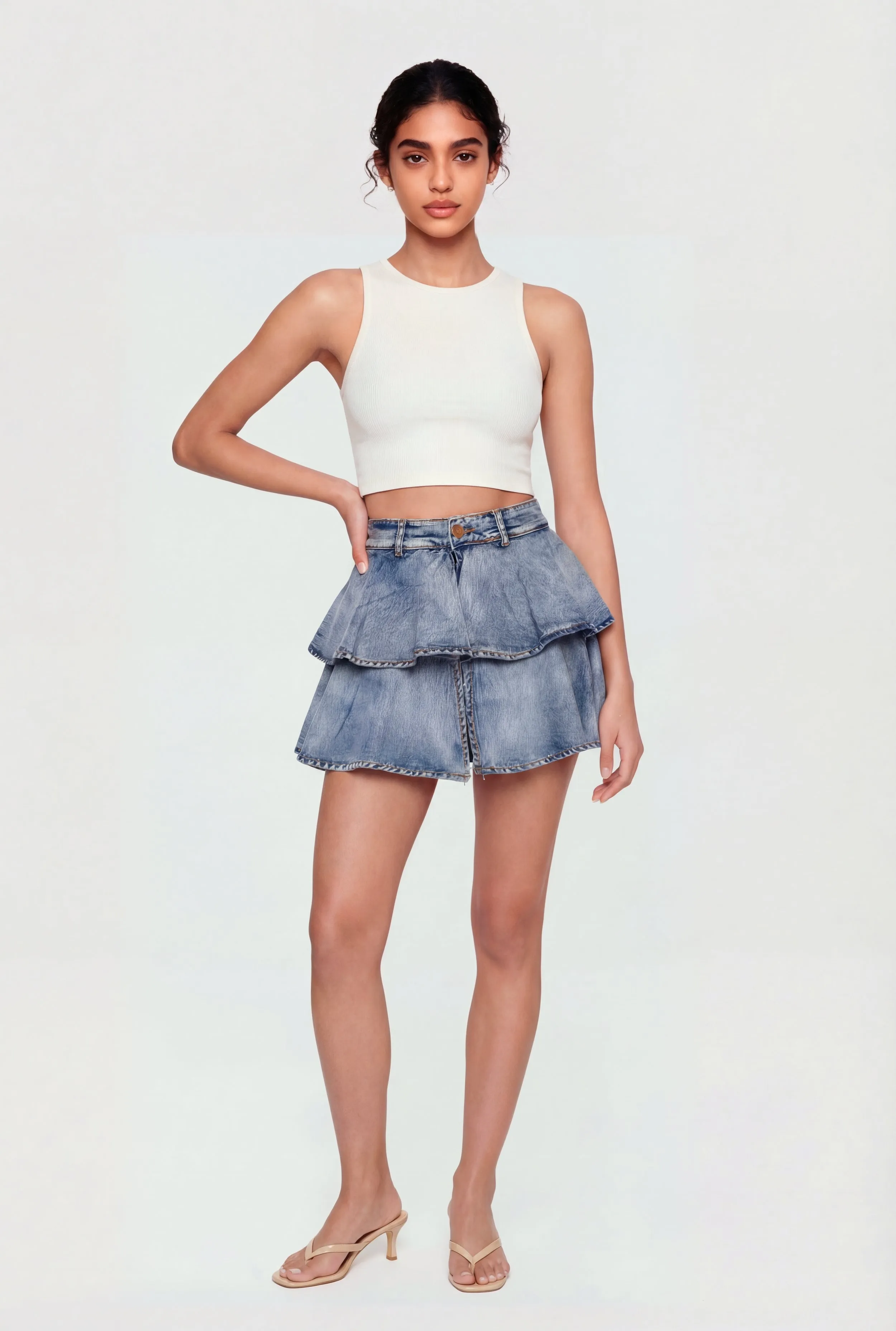 Denim Ruffle Tiered Skort sold by Rainbow