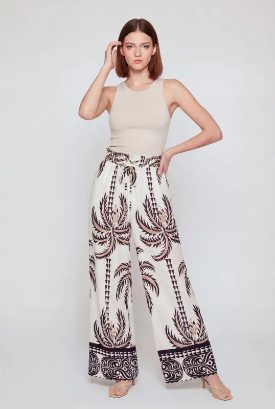 Patterned Paper Bag Waist Wide Leg Pants made by Rainbow