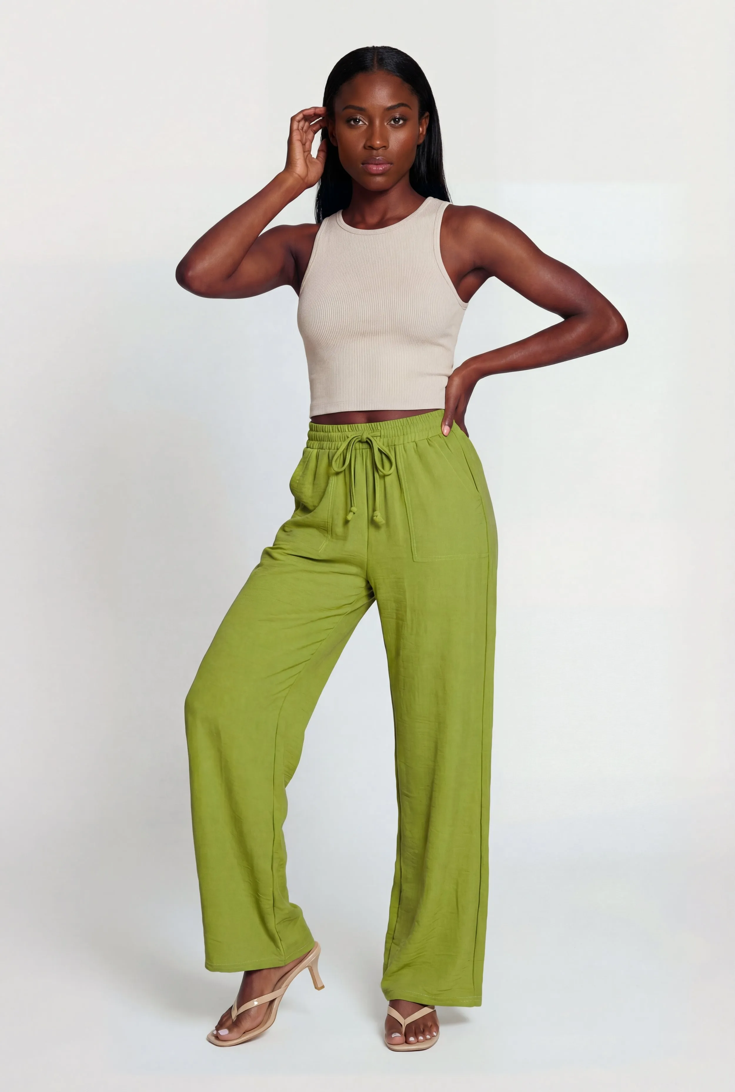 Crepe Knit Drawstring Waist Straight Leg Pants sold by Rainbow