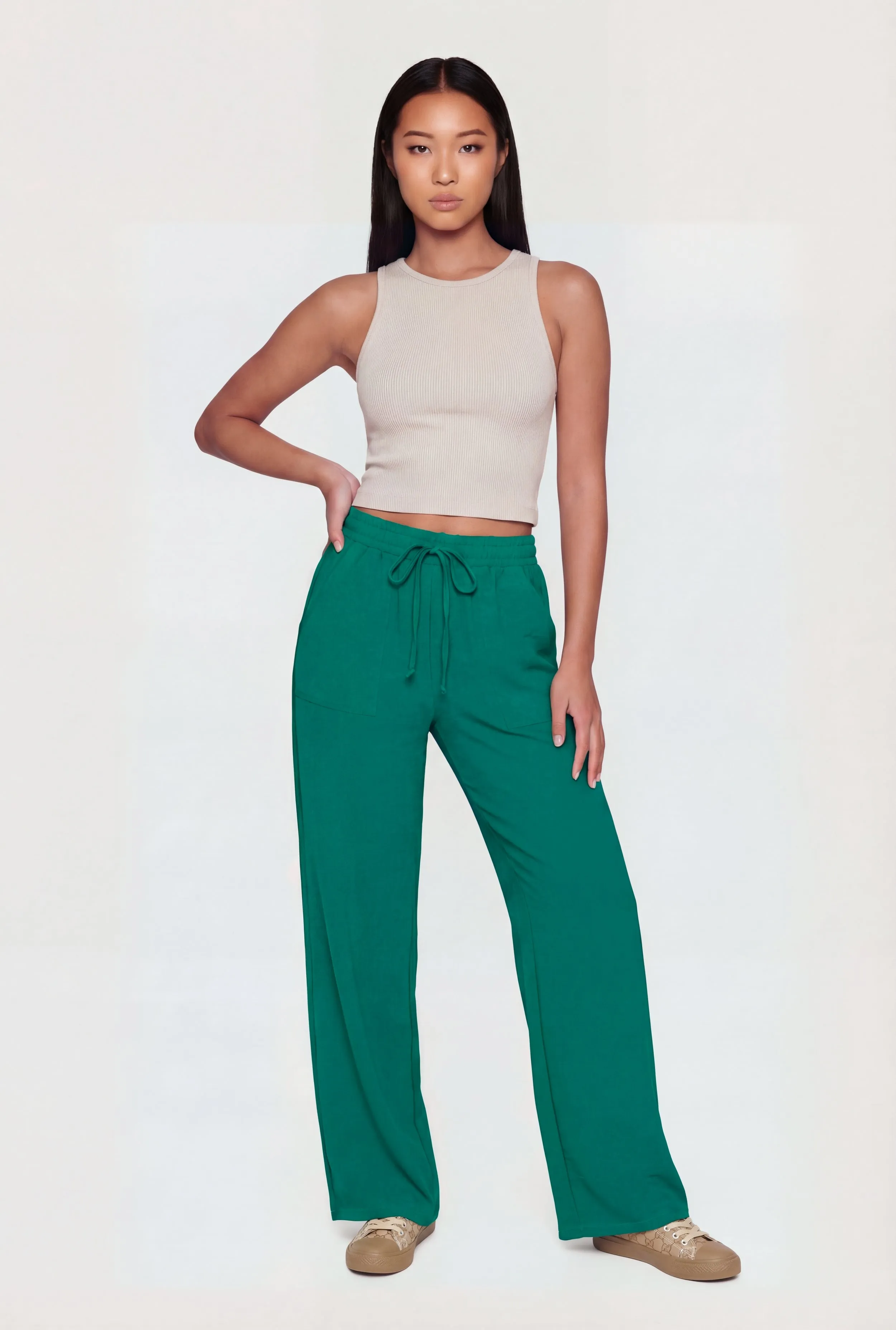 Crepe Knit Drawstring Waist Straight Leg Pants sold by Rainbow