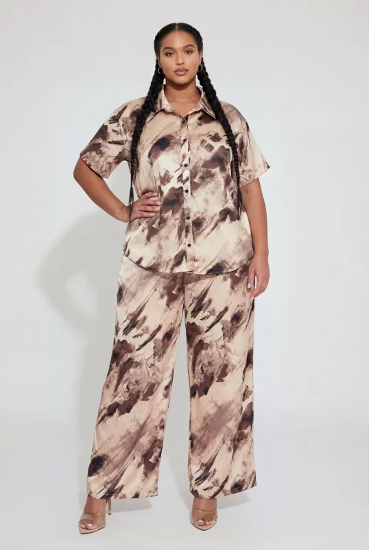 Plus Size Satin Patterned High Waisted Wide Leg Pants made by Rainbow