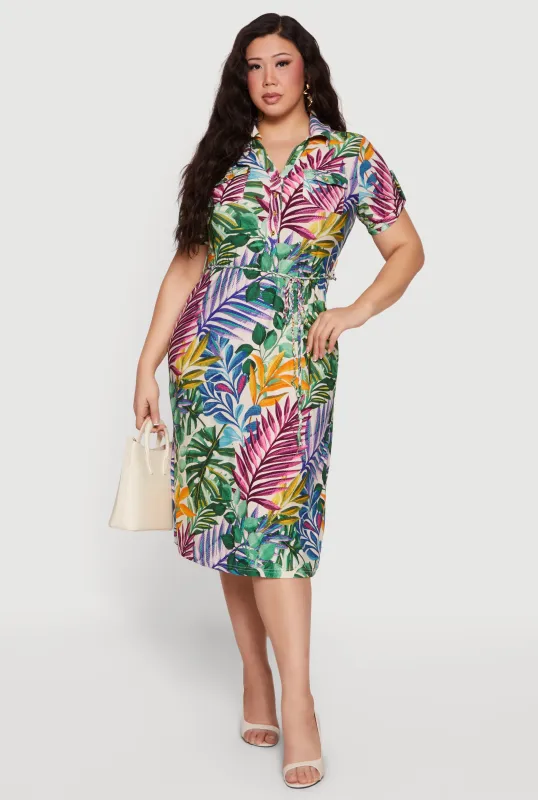 Plus Size Palm Leaf Print Shirt Dress with Tie Waist Belt made by Rainbow