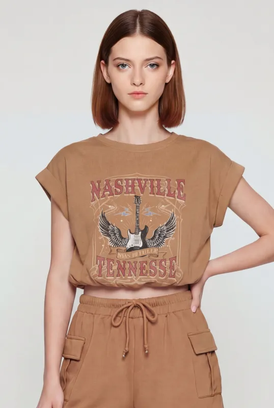 World Tour Graphic Bubble Hem Crop Top made by Almost Famous