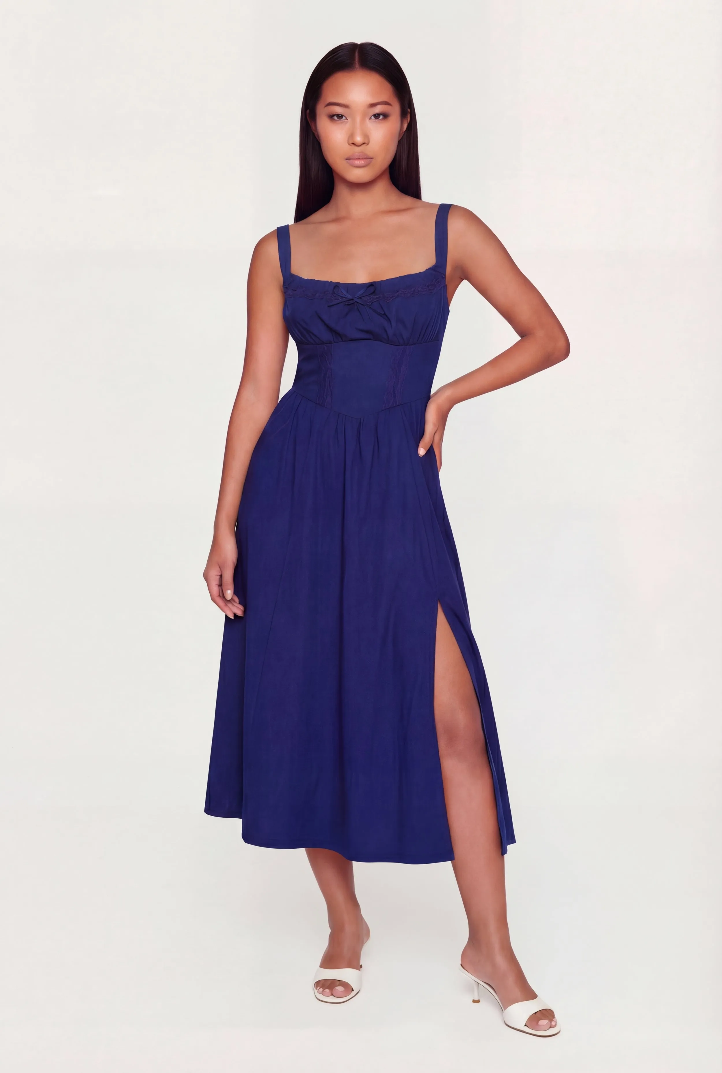 Lace Corset Detail Side Slit Midi Dress sold by Rainbow