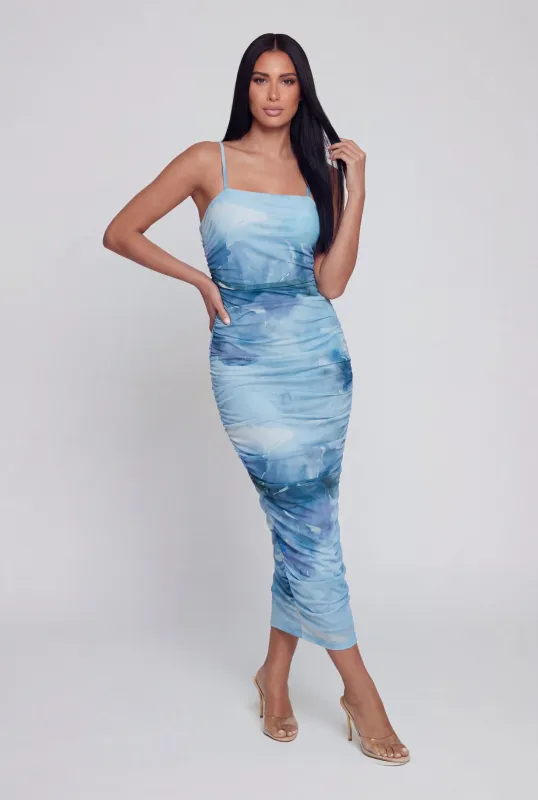 Printed Ruched Square Neck Cami Dress with Side Slit made by iris