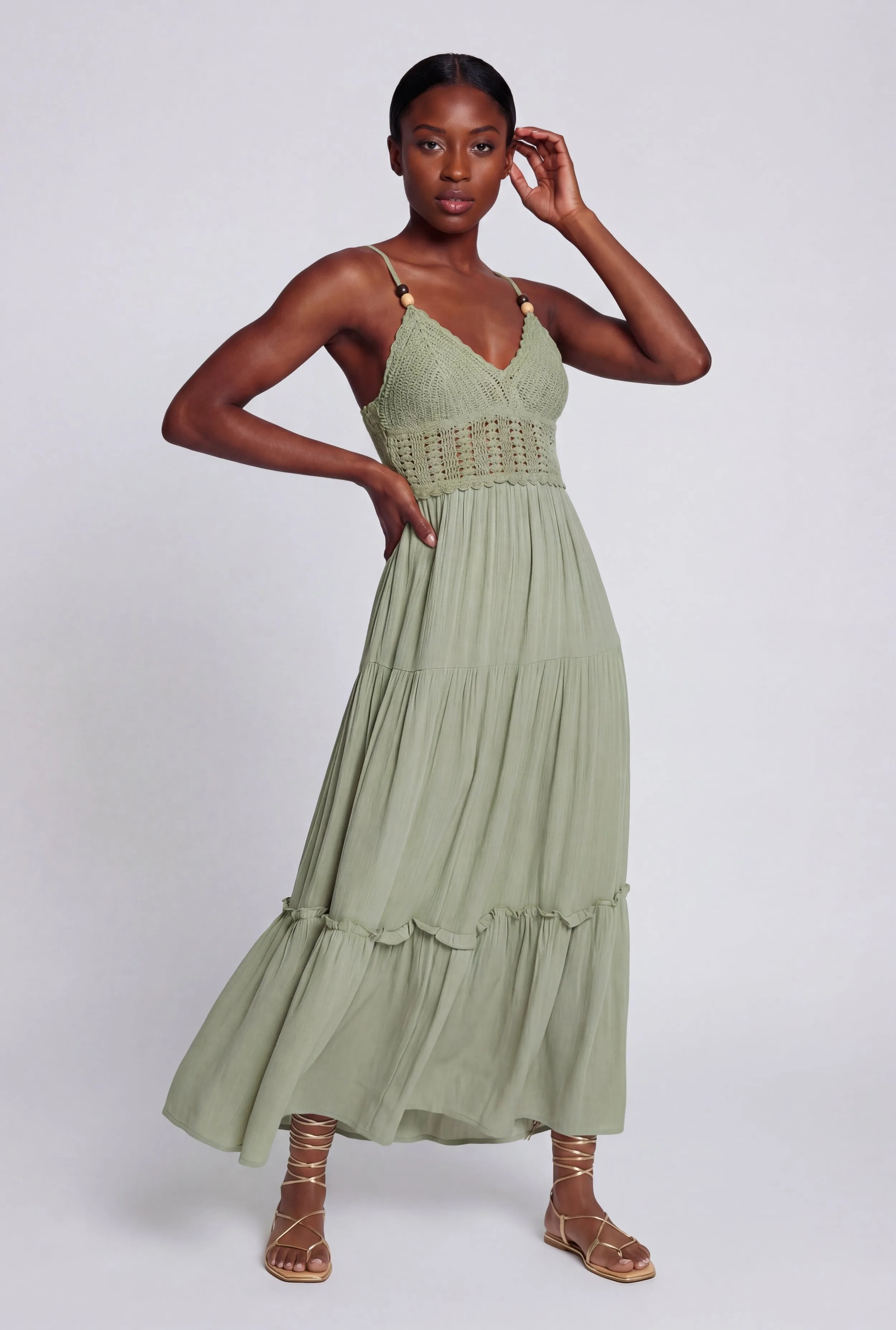 Beaded Crochet Detail Tiered Midi Dress sold by Rainbow