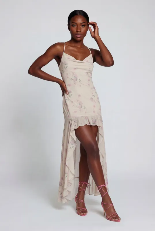 Floral Print Ruffle Trim High Low Maxi Dress made by Rainbow