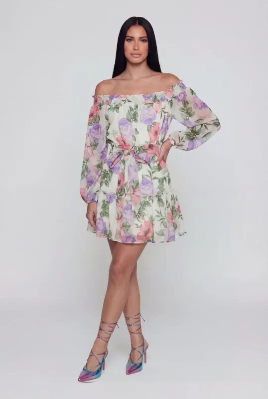 Floral Off The Shoulder Tie Waist Belted Mini Dress made by Rainbow
