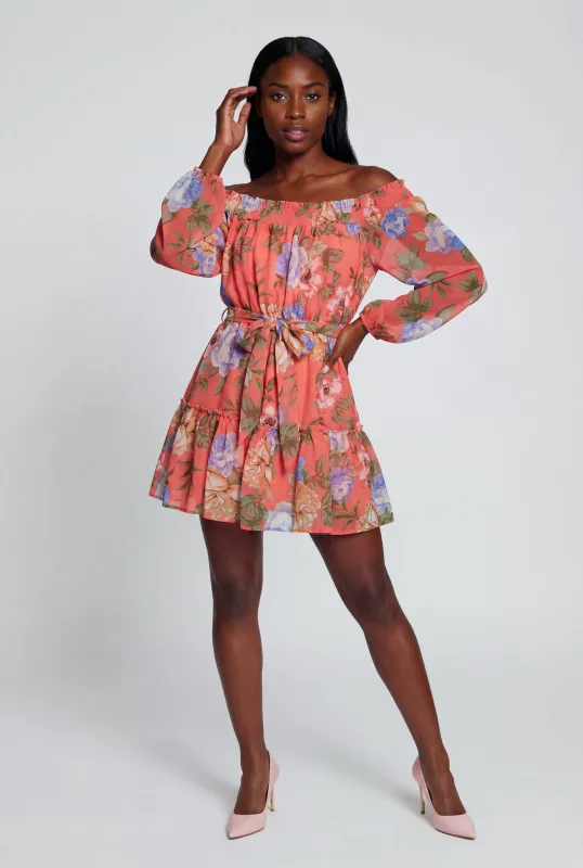 Floral Off The Shoulder Tie Waist Belted Mini Dress made by Rainbow