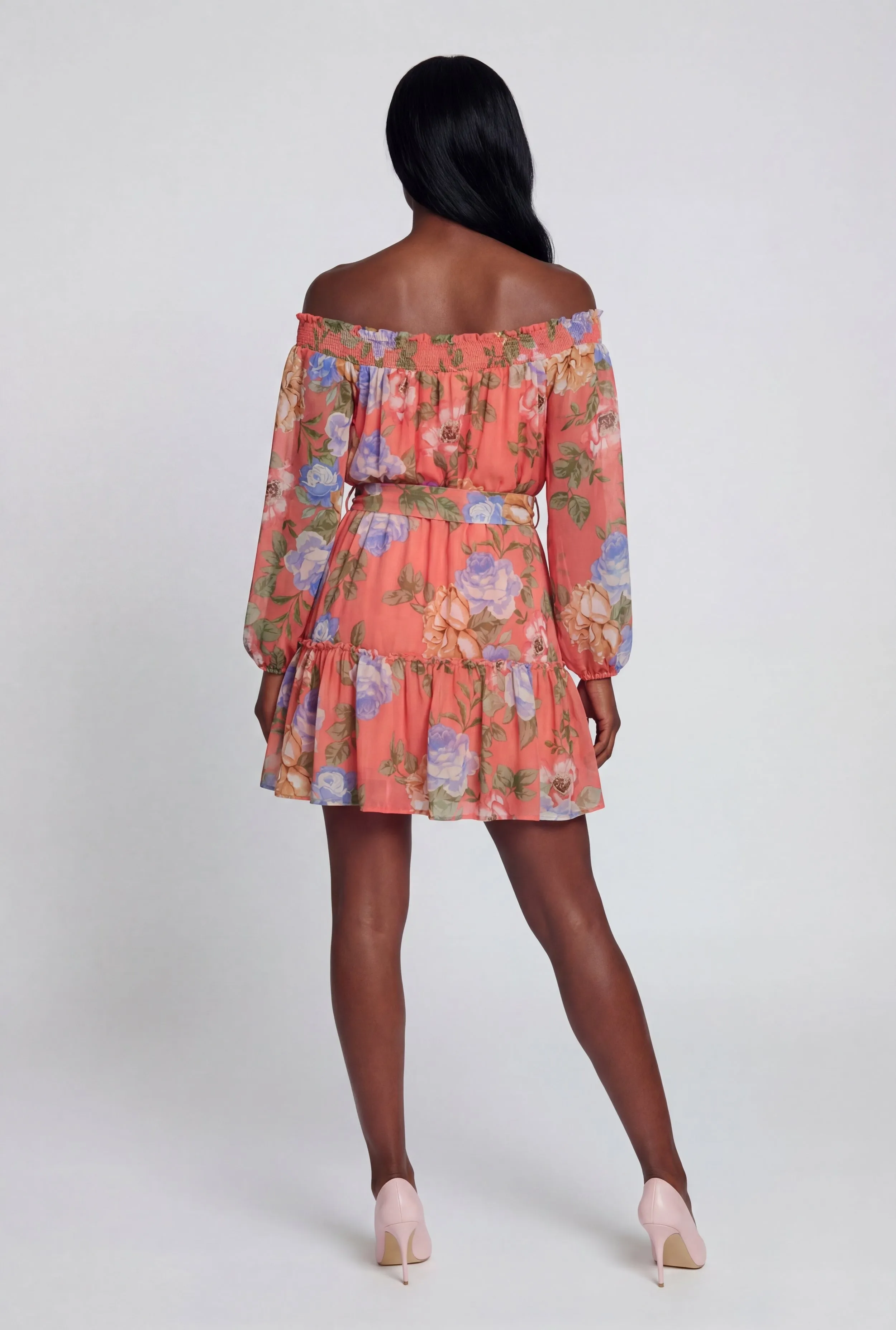 Floral Off The Shoulder Tie Waist Belted Mini Dress sold by Rainbow product image thumbnail 5