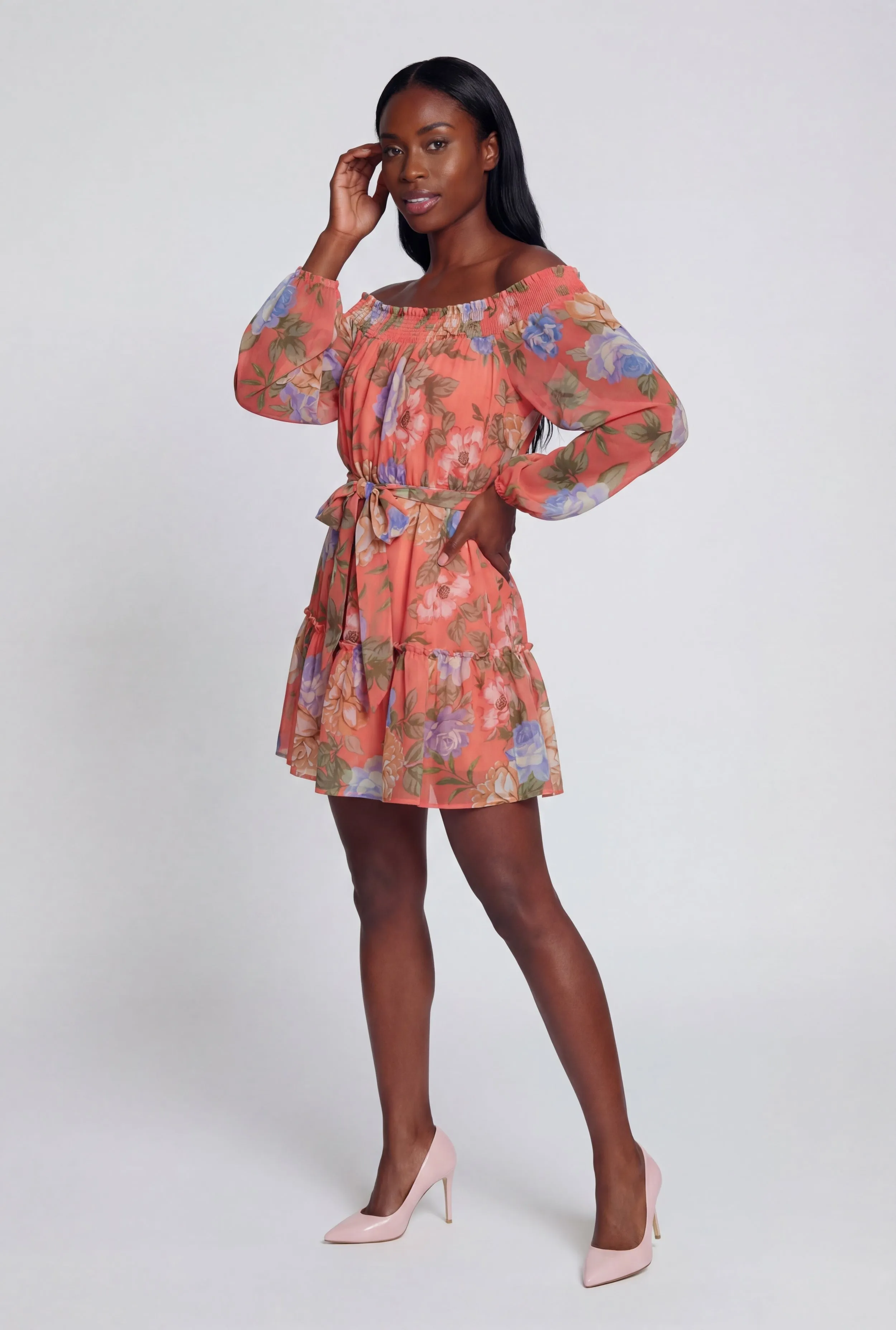Floral Off The Shoulder Tie Waist Belted Mini Dress sold by Rainbow product image thumbnail 2