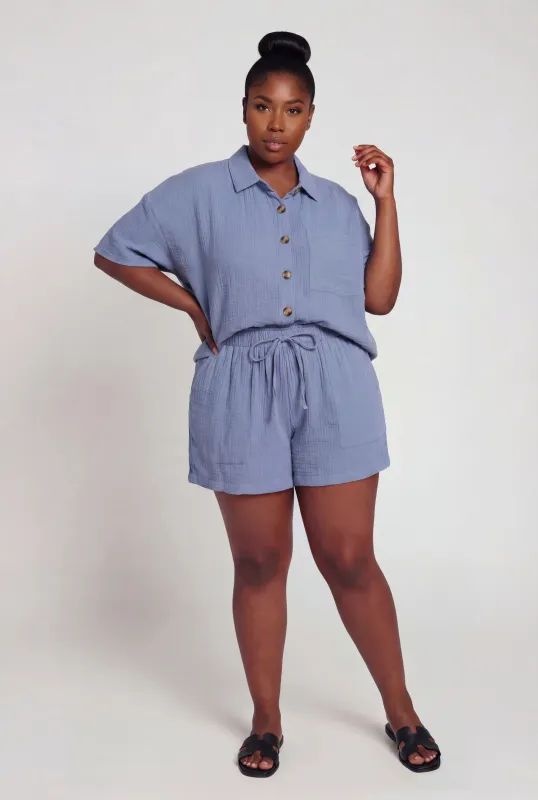 Plus Size Paper Bag High Waisted Gauze Knit Shorts made by Rainbow