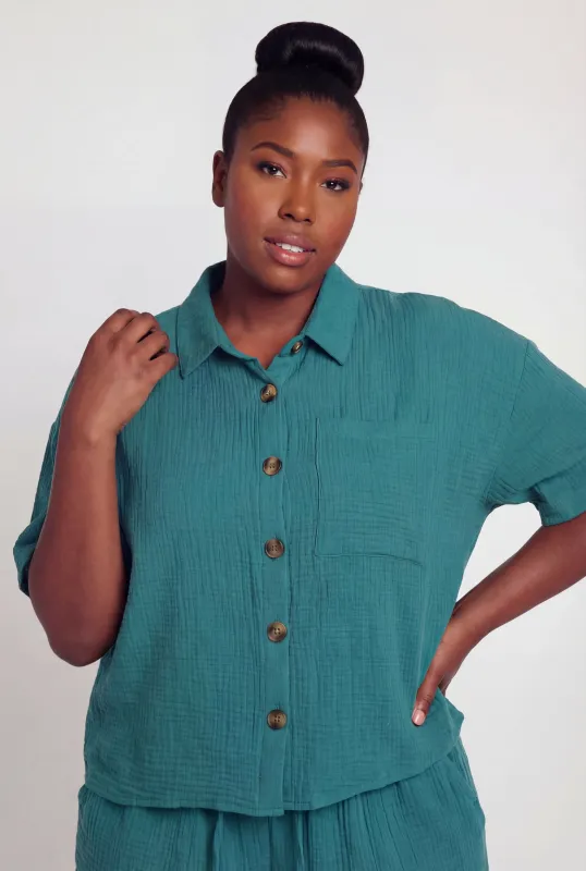 Plus Size Gauze Knit Button Front Short Sleeve Shirt made by Rainbow