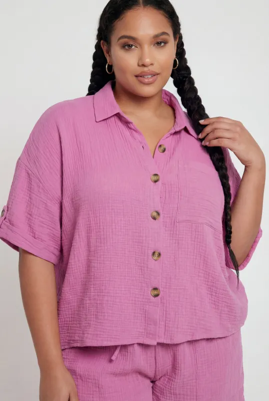 Plus Size Gauze Knit Button Front Short Sleeve Shirt made by Rainbow