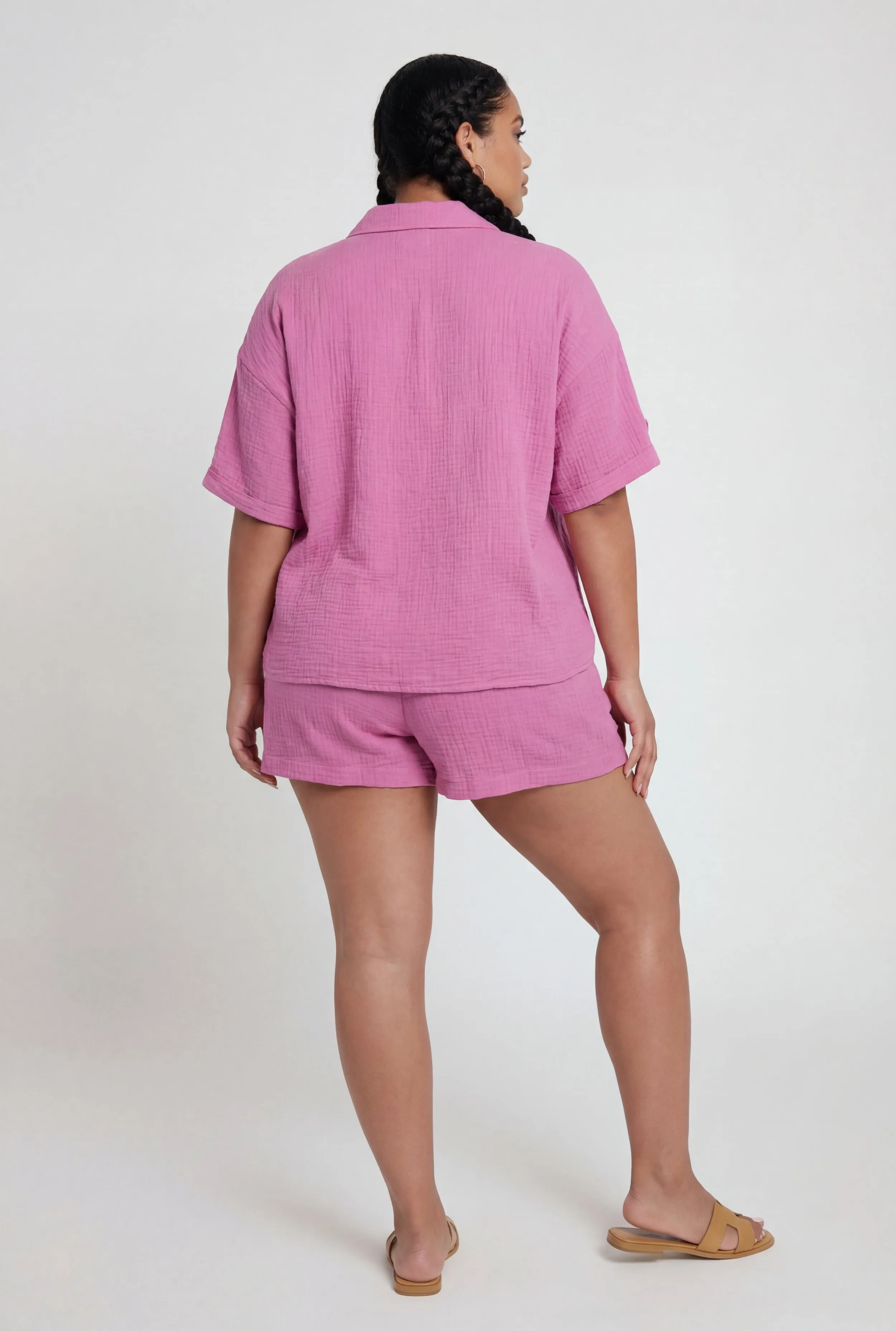 Plus Size Gauze Knit Button Front Short Sleeve Shirt sold by Rainbow product image thumbnail 5