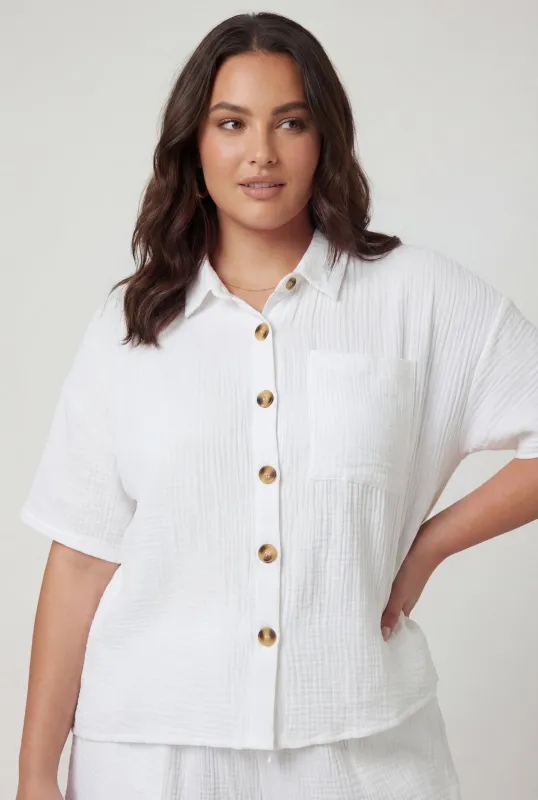Plus Size Gauze Knit Button Front Short Sleeve Shirt made by Rainbow
