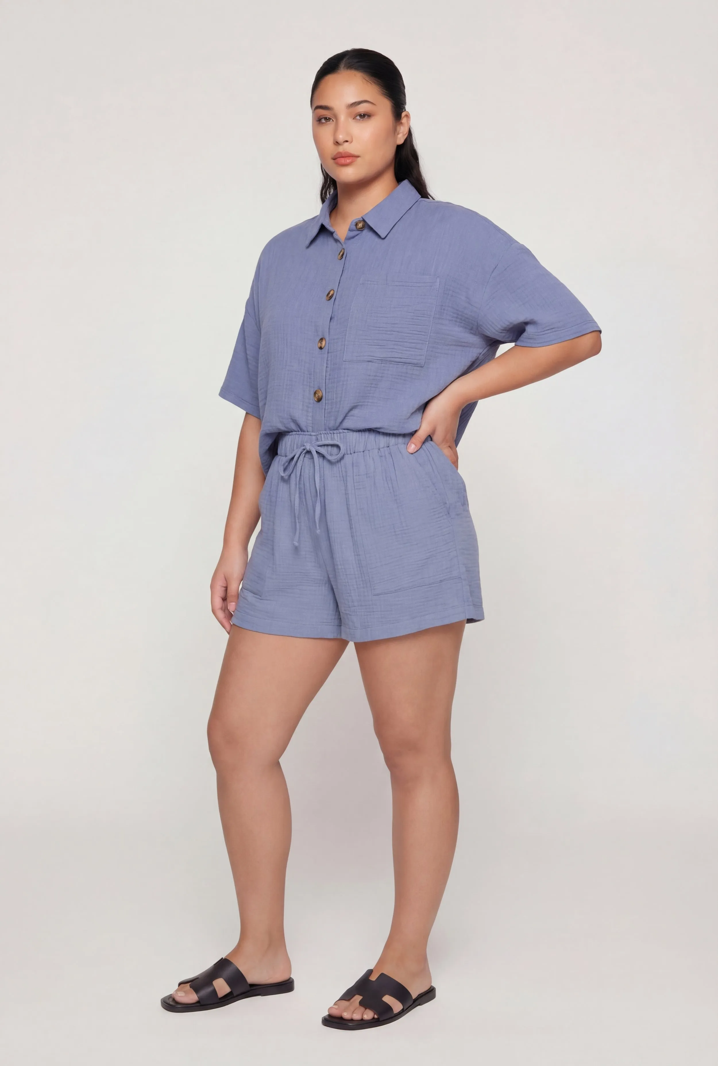 Plus Size Gauze Knit Button Front Short Sleeve Shirt sold by Rainbow product image thumbnail 3