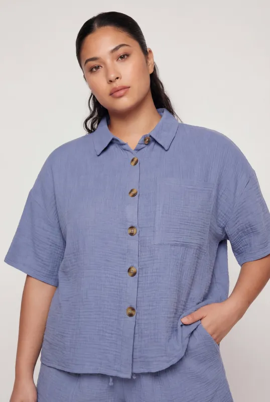 Plus Size Gauze Knit Button Front Short Sleeve Shirt made by Rainbow