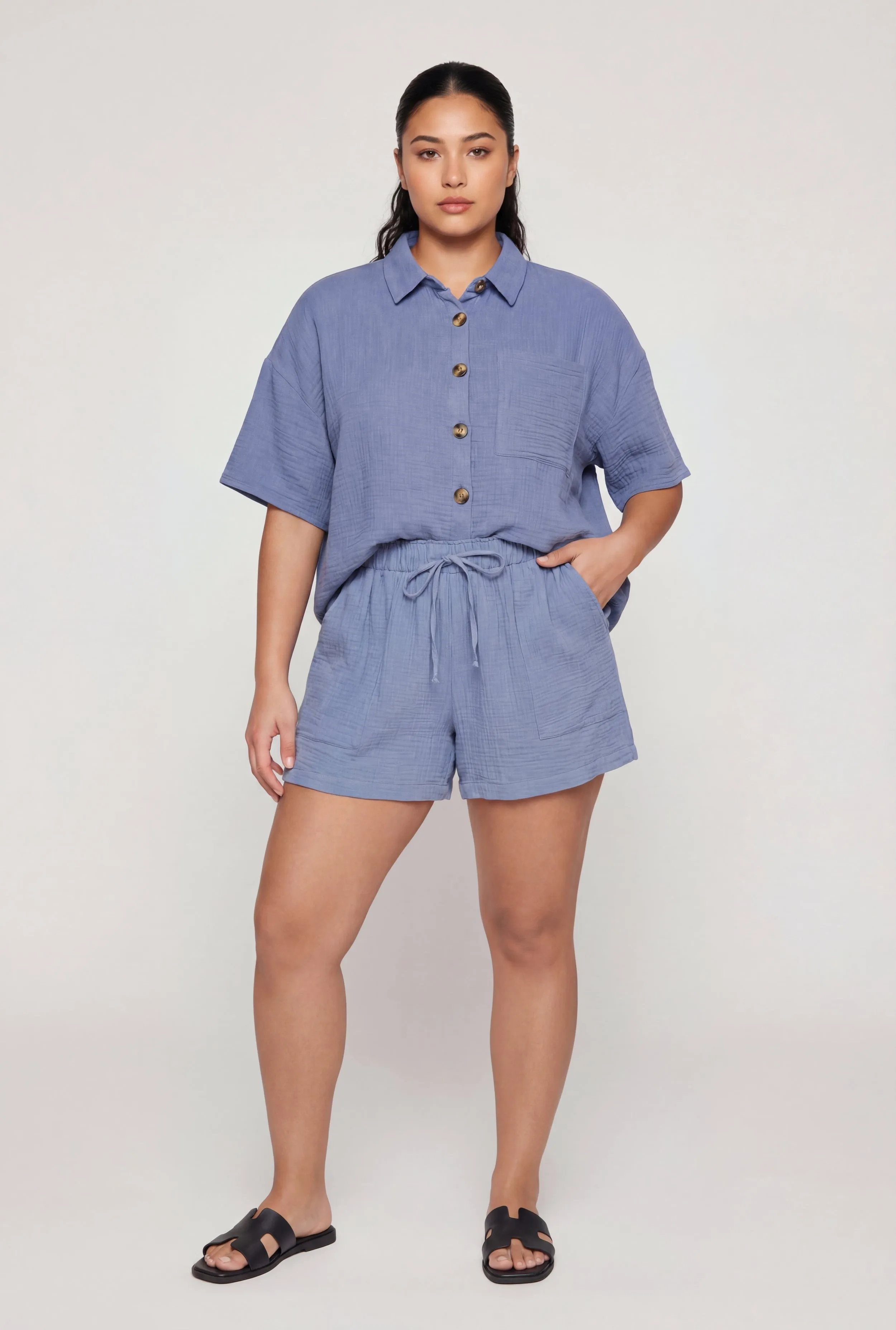 Plus Size Gauze Knit Button Front Short Sleeve Shirt sold by Rainbow product image thumbnail 2