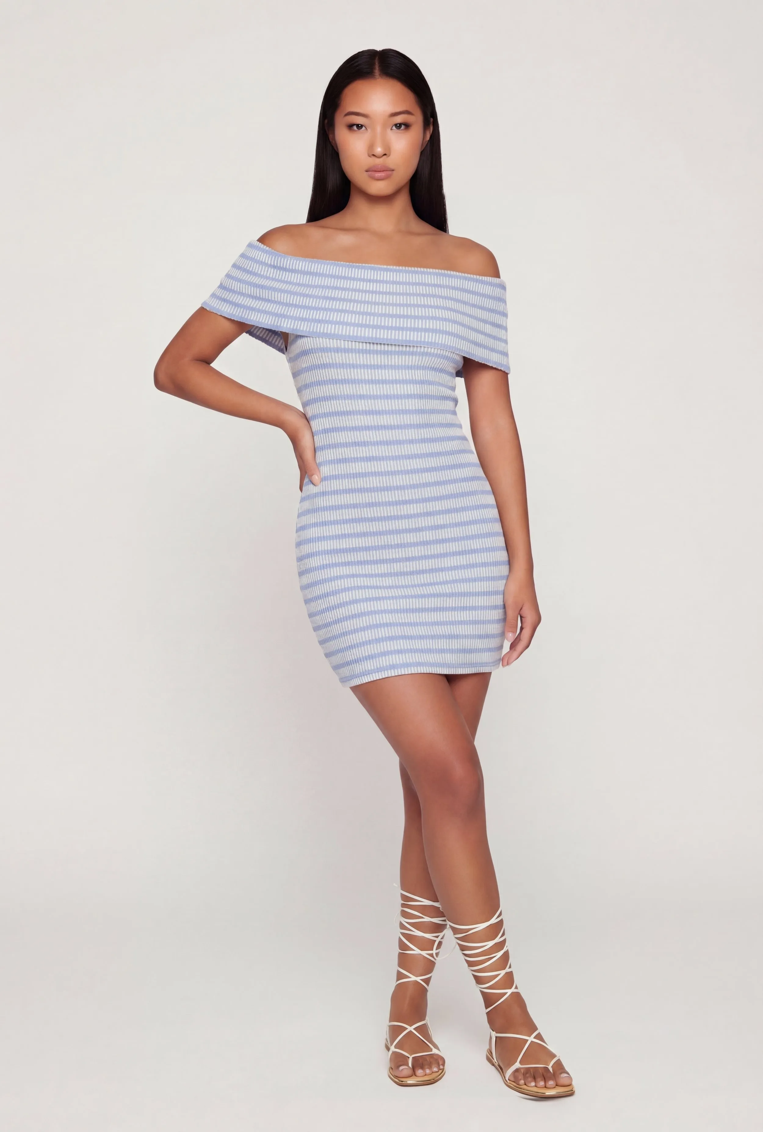 Striped Rib Knit Fold Over Off The Shoulder Mini Dress sold by Rainbow product image thumbnail 2