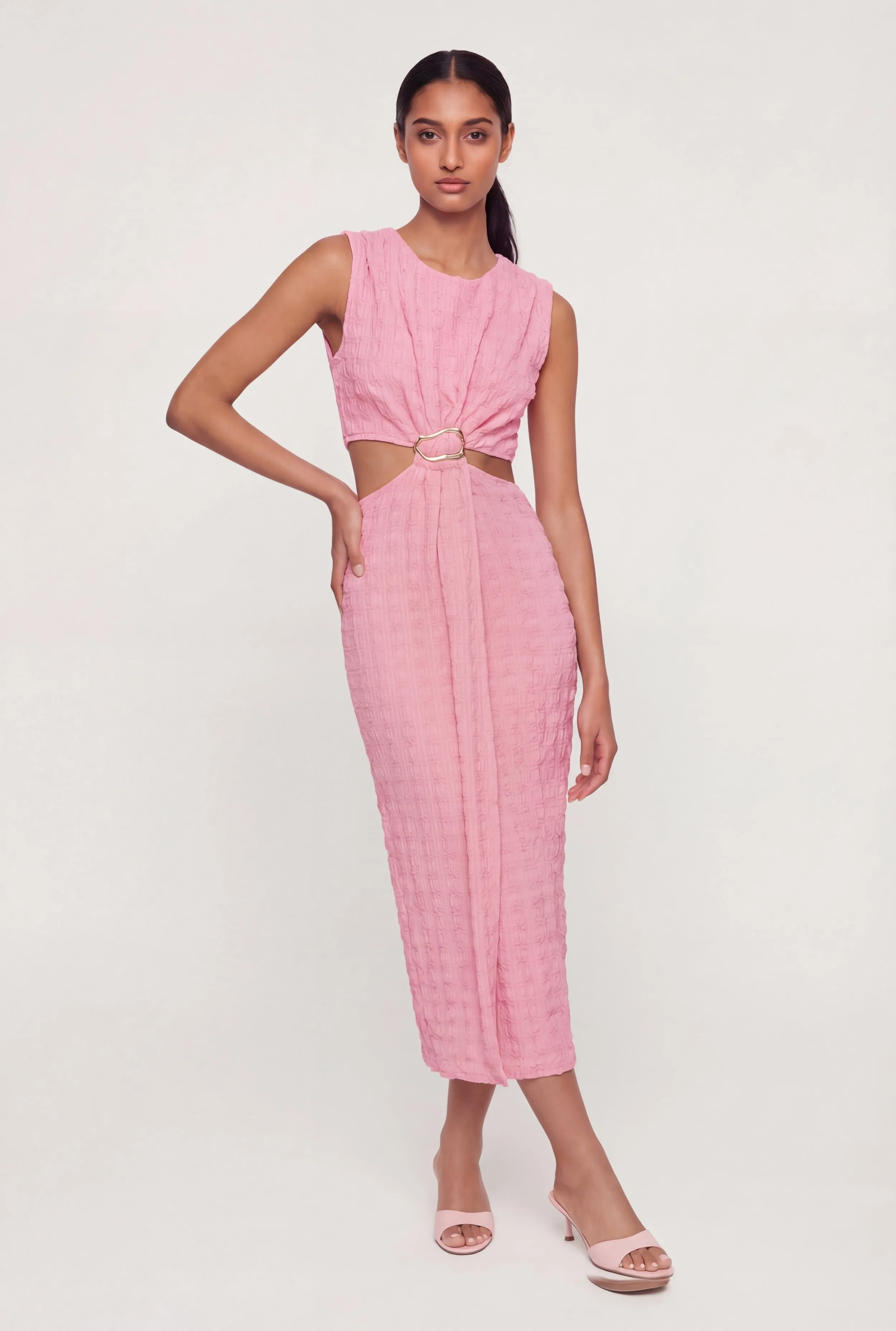 Textured Knit Metallic Buckle Cutout Side Maxi Dress sold by Rainbow