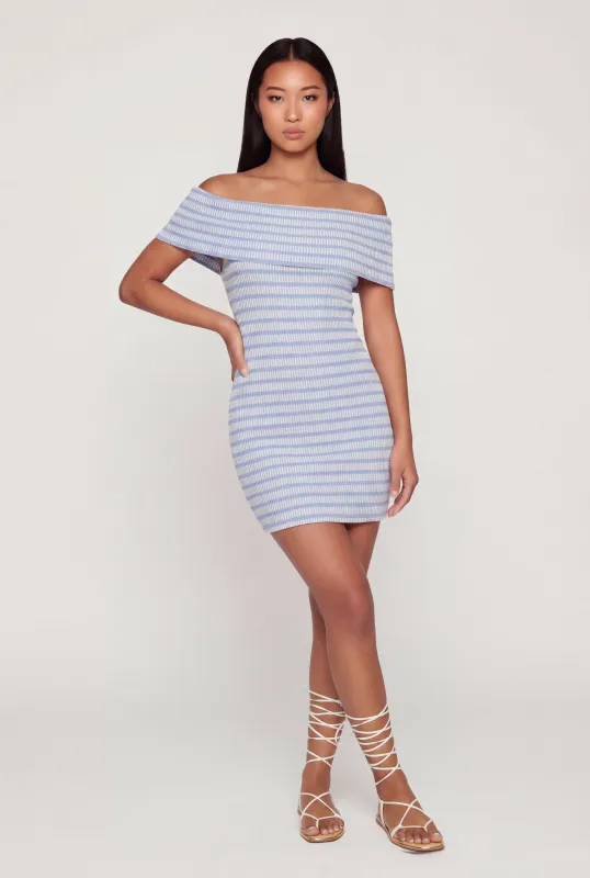 Striped Rib Knit Fold Over Off The Shoulder Mini Dress made by Rainbow