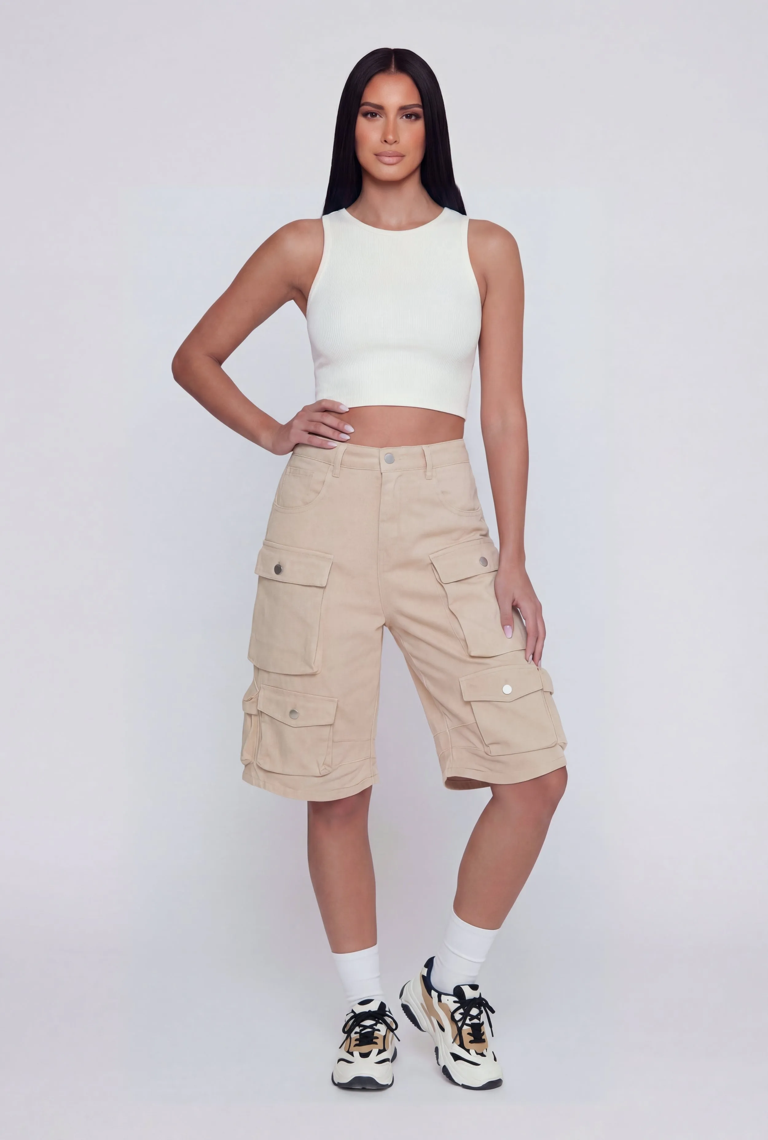 Denim High Waisted Cargo Bermuda Shorts sold by Rainbow
