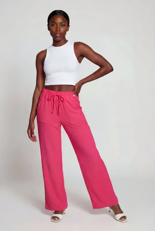 Crepe Knit Drawstring Waist Straight Leg Pants made by Rainbow