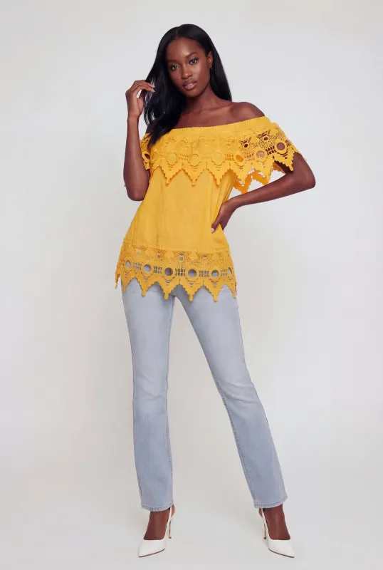 Crochet Detail Fold Over Off The Shoulder Top made by Rainbow