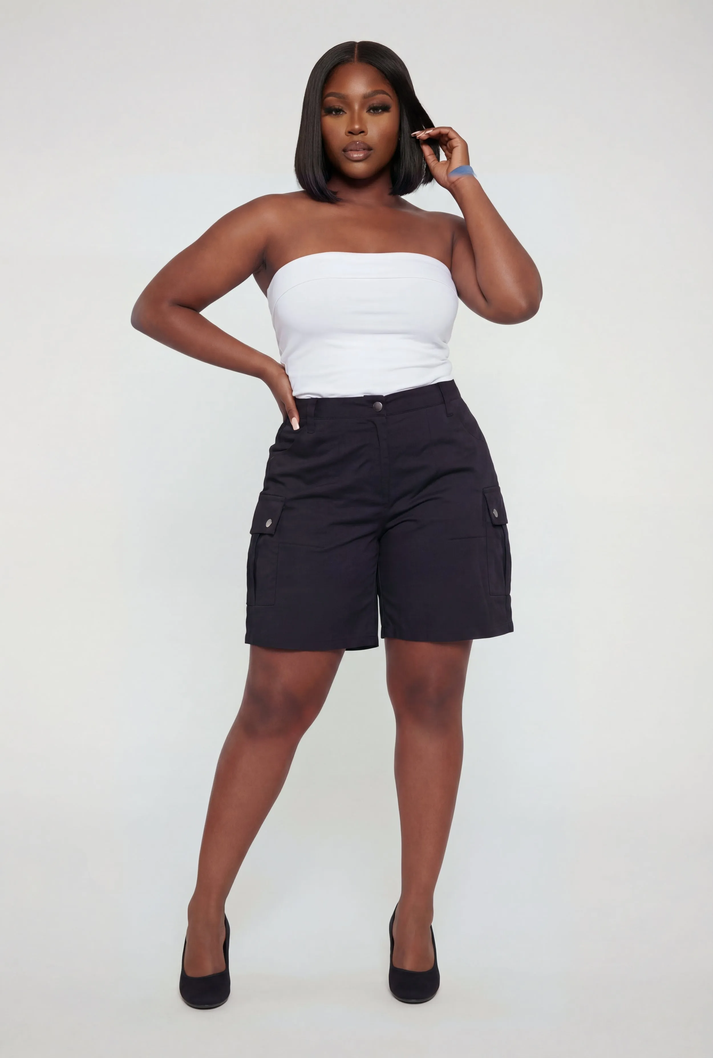 Plus Size Solid High Waisted Stretch Cargo Shorts sold by Rainbow product image thumbnail 2
