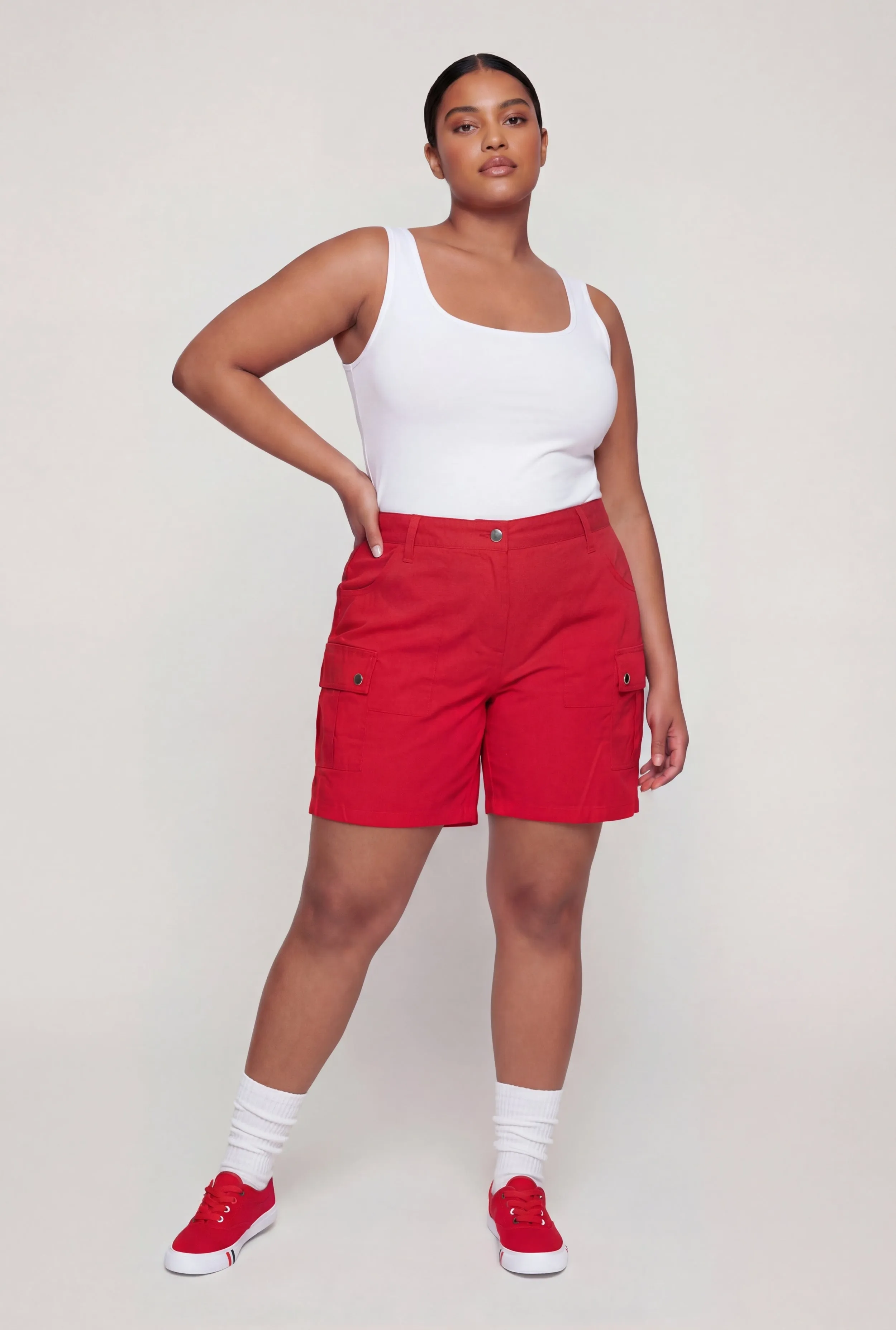Plus Size Solid High Waisted Stretch Cargo Shorts sold by Rainbow