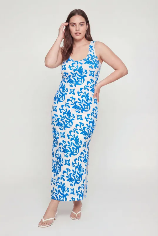 Plus Size Printed Pattern Side Slit Rib Knit Maxi Dress made by Rainbow