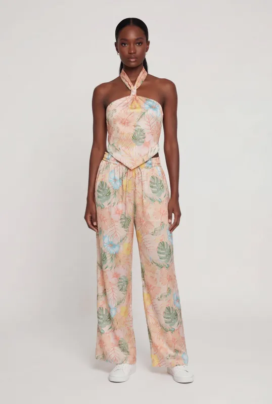 Satin Floral High Waisted Pants with Tie Waist Belt made by Rainbow