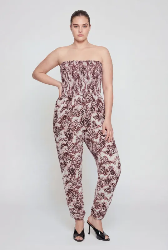 Plus Size Animal Print Smocked Tube Jumpsuit made by Rainbow