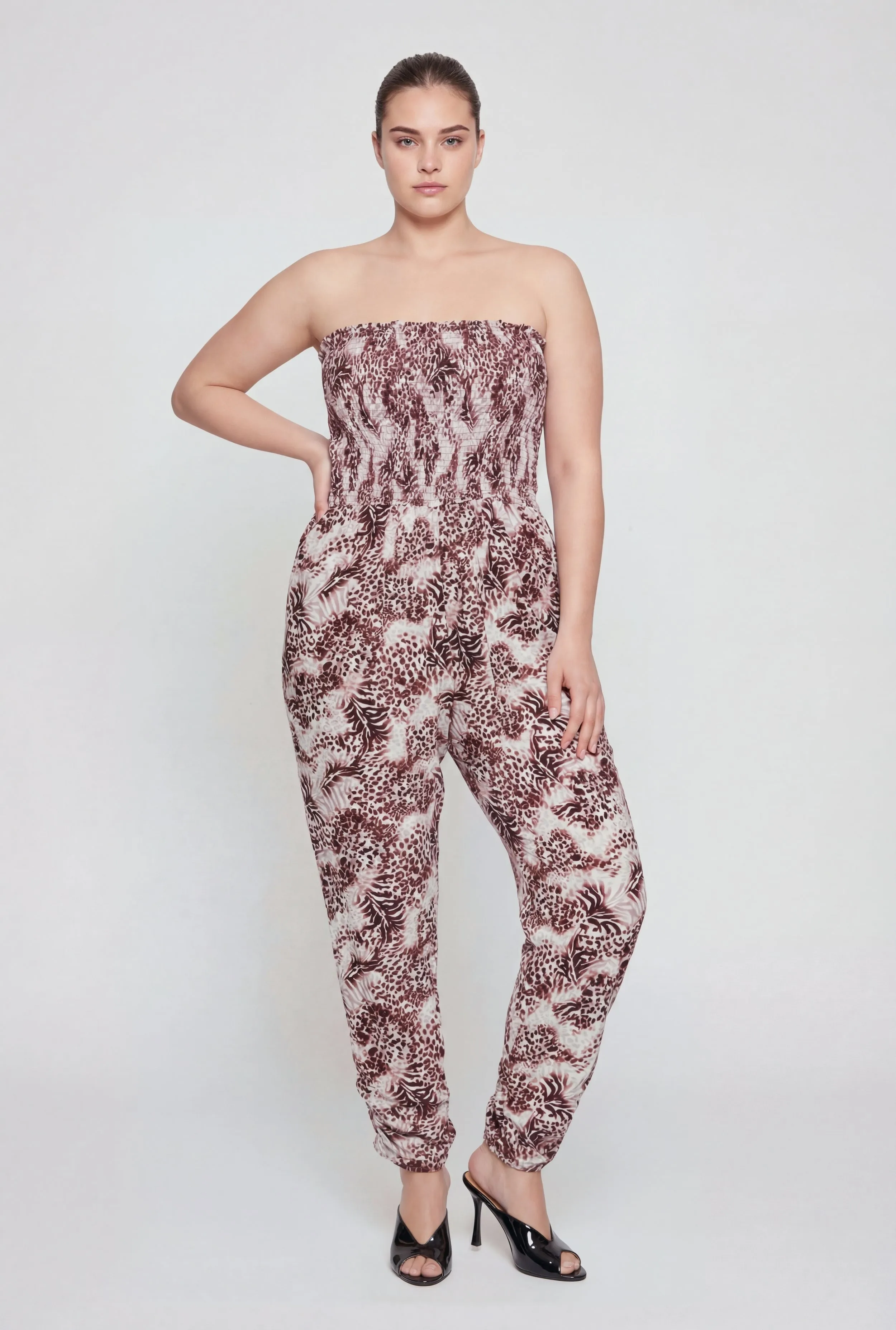Plus Size Animal Print Smocked Tube Jumpsuit sold by Rainbow