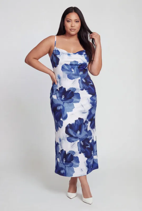 Plus Size Floral Print Cowl Neck Maxi Dress made by Rainbow