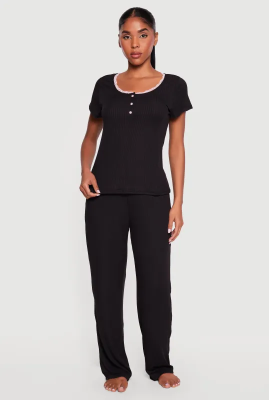 Contrast Lace Trim Henley Pajama Top and Lounge Pants made by Rainbow