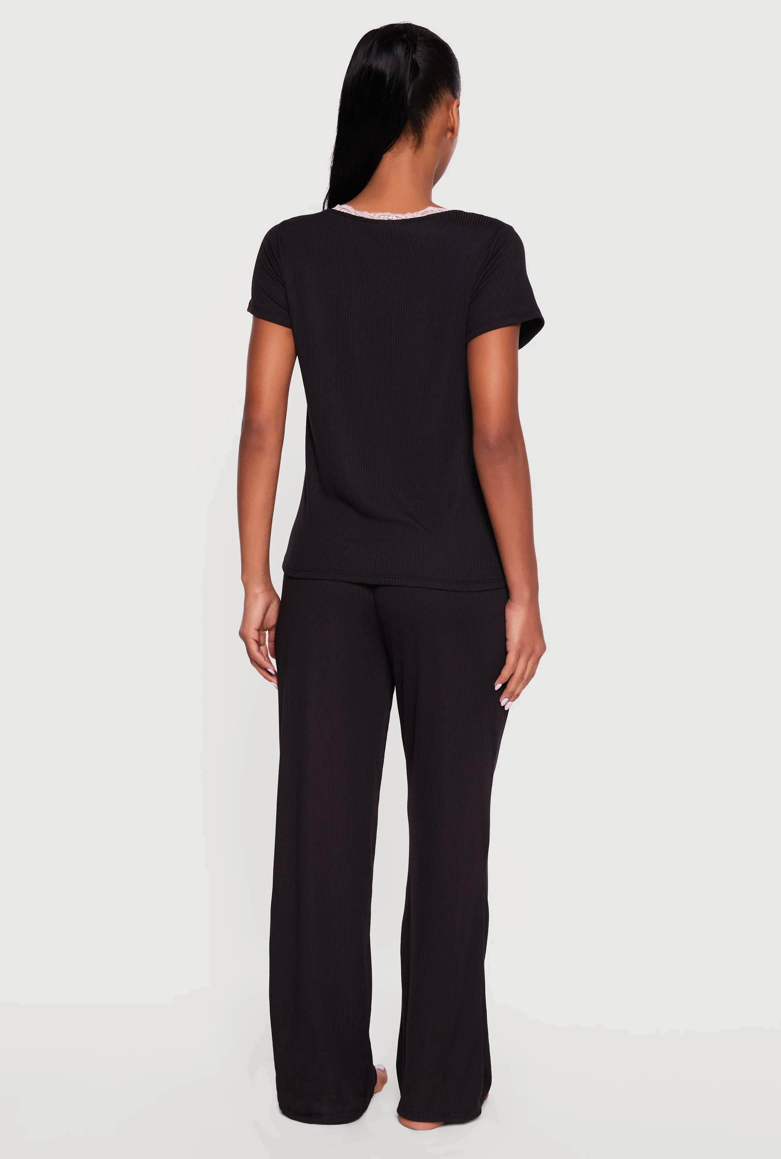 Contrast Lace Trim Henley Pajama Top and Lounge Pants sold by Rainbow product image thumbnail 2